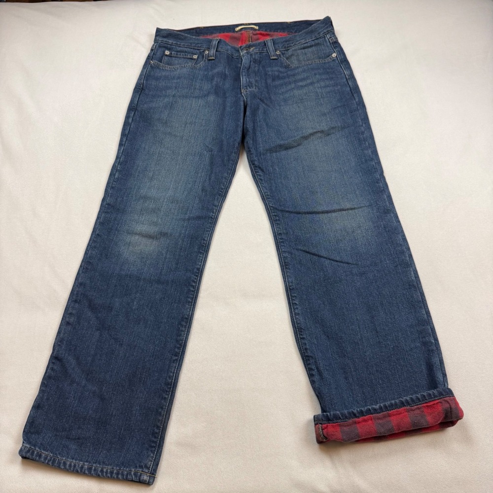 LL Bean Flannel Lined Jeans Mens 34x30 Standard Fit Blue Plaid 298659